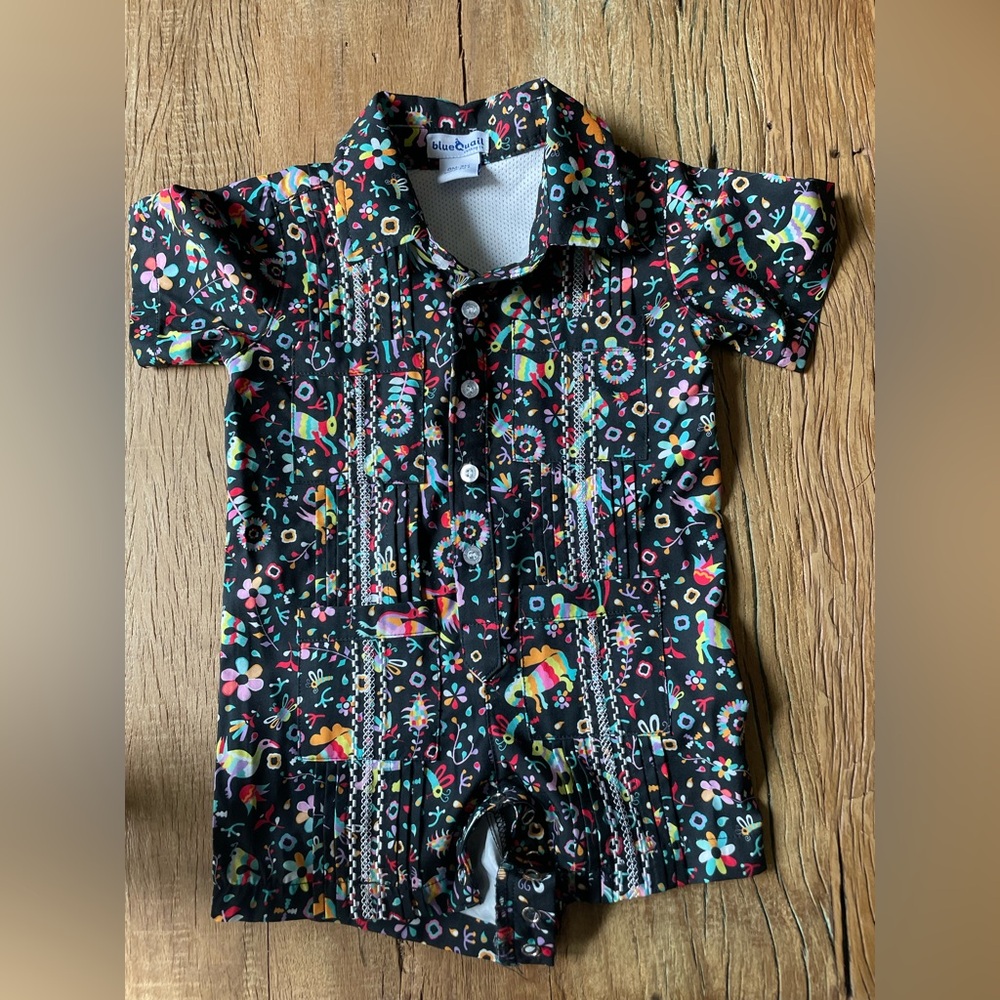 Blue Quail Guayabera Patterned Baby  Romper
